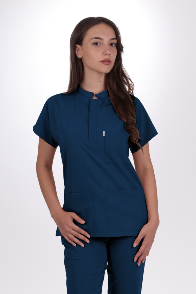 Premium Likralı Snap Seri Kadın Marine Petrol Scrubs