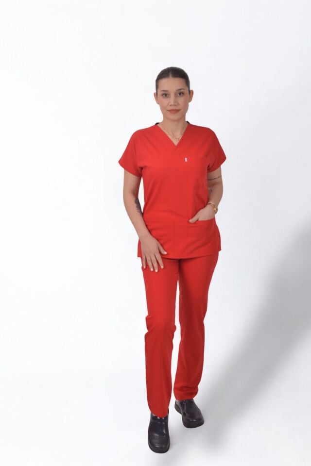Likralı Klasik Seri Kadın Kırmızı Scrubs