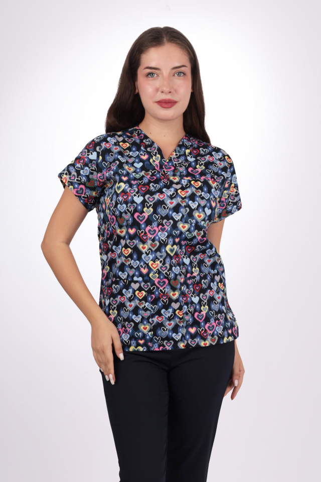 Desenli Seri Renkli Kalpli Desen Kadın Tek Üst