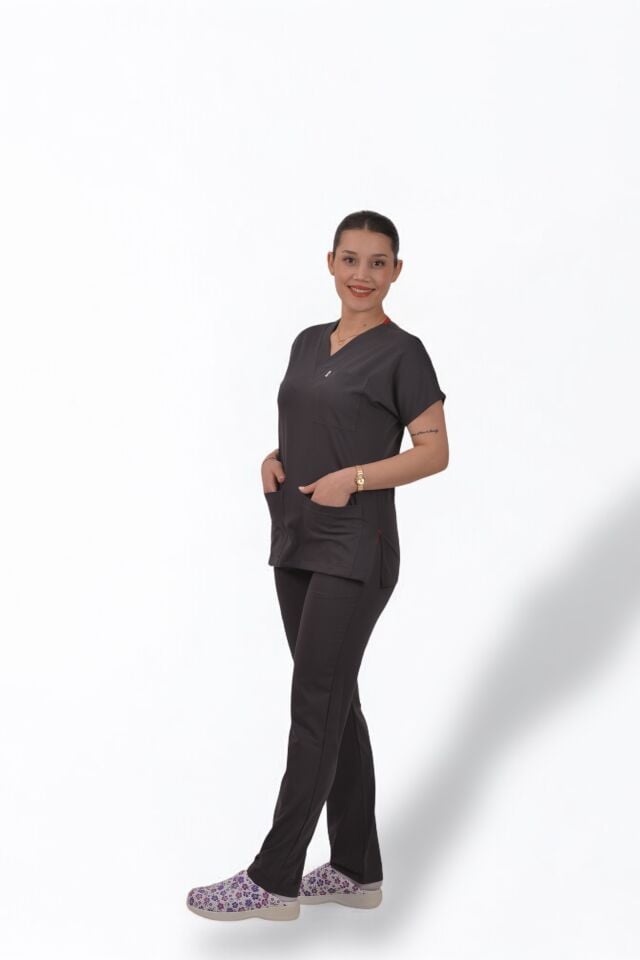 Premium Likralı Klasik Seri Kadın Antrasit Gri Scrubs