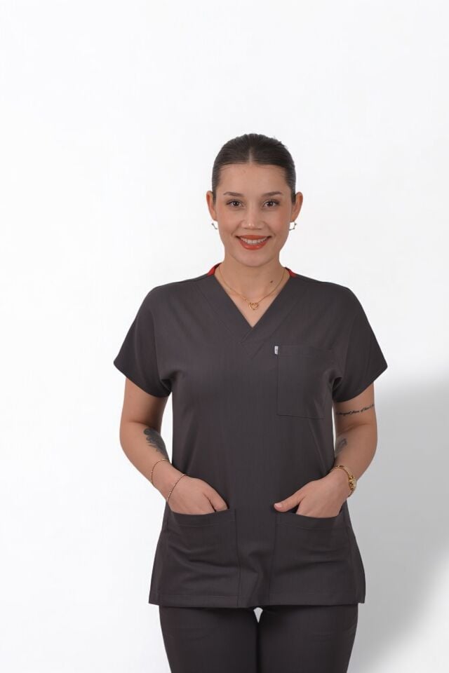Premium Likralı Klasik Seri Kadın Antrasit Gri Scrubs