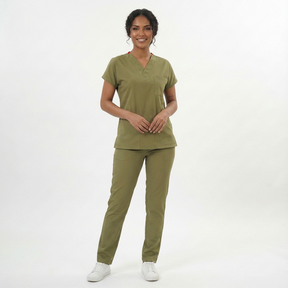 Likralı Klasik Seri Kadın Haki Scrubs
