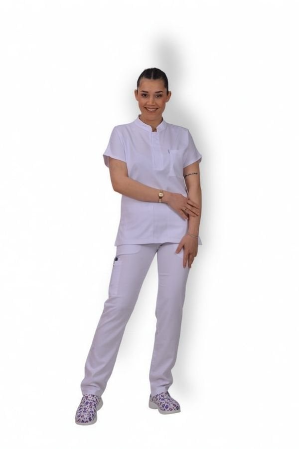 Premium Likralı Snap Seri Kadın Beyaz Scrubs