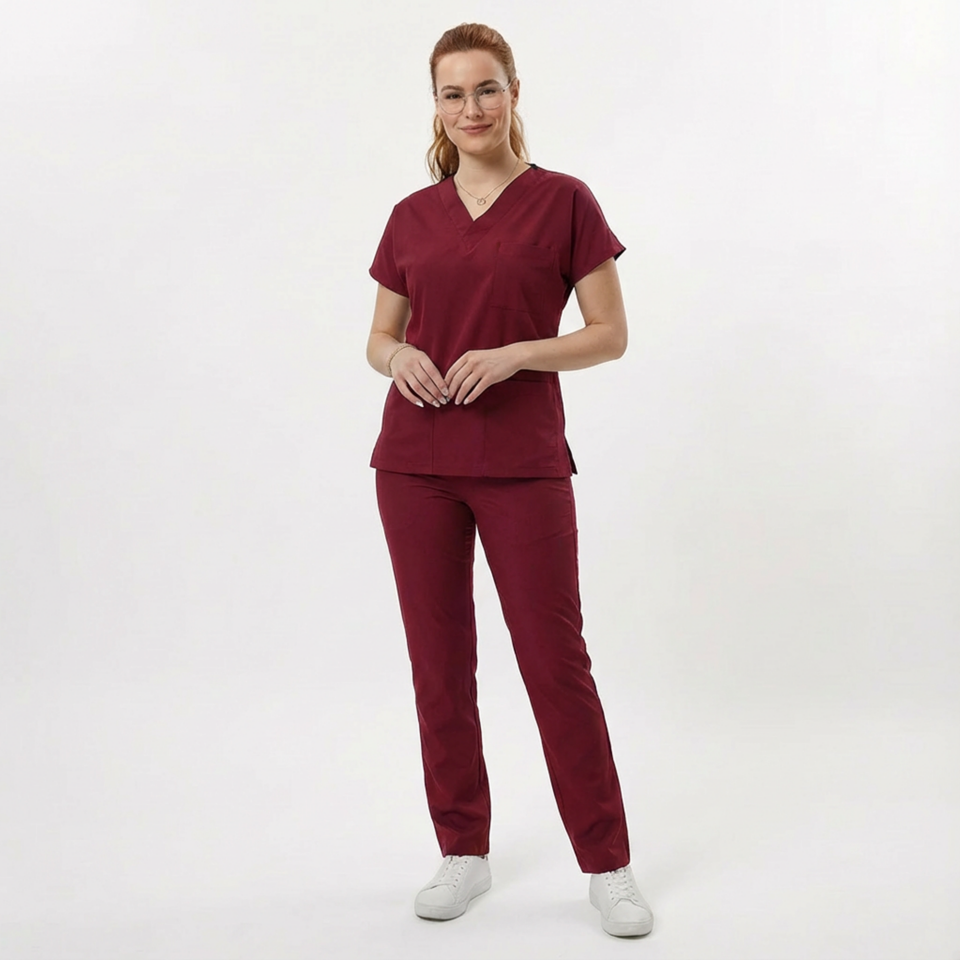 Likralı Klasik Seri Kadın Bordo Scrubs