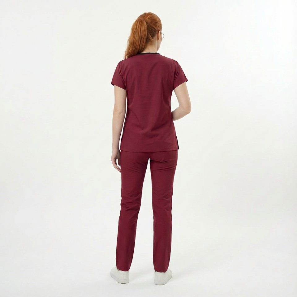 Likralı Klasik Seri Kadın Bordo Scrubs