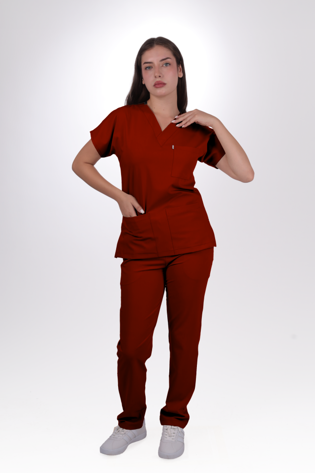Likralı Klasik Seri Kadın Bordo Scrubs