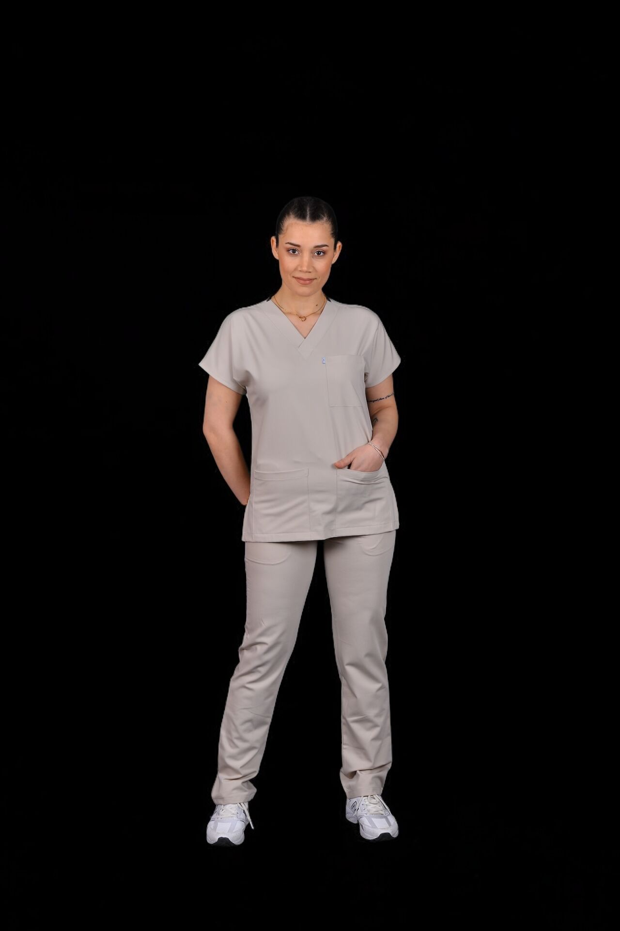 Premium Likralı Klasik Seri Kadın Bej Scrubs
