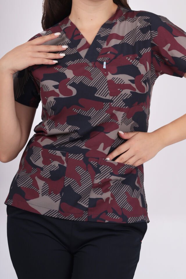 Desenli Seri Bordo Kamuflaj Desen Kadın Tek Üst