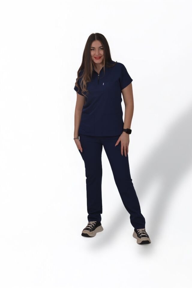 Premium Likralı Zipper Seri Kadın İndigo Lacivert Scrubs