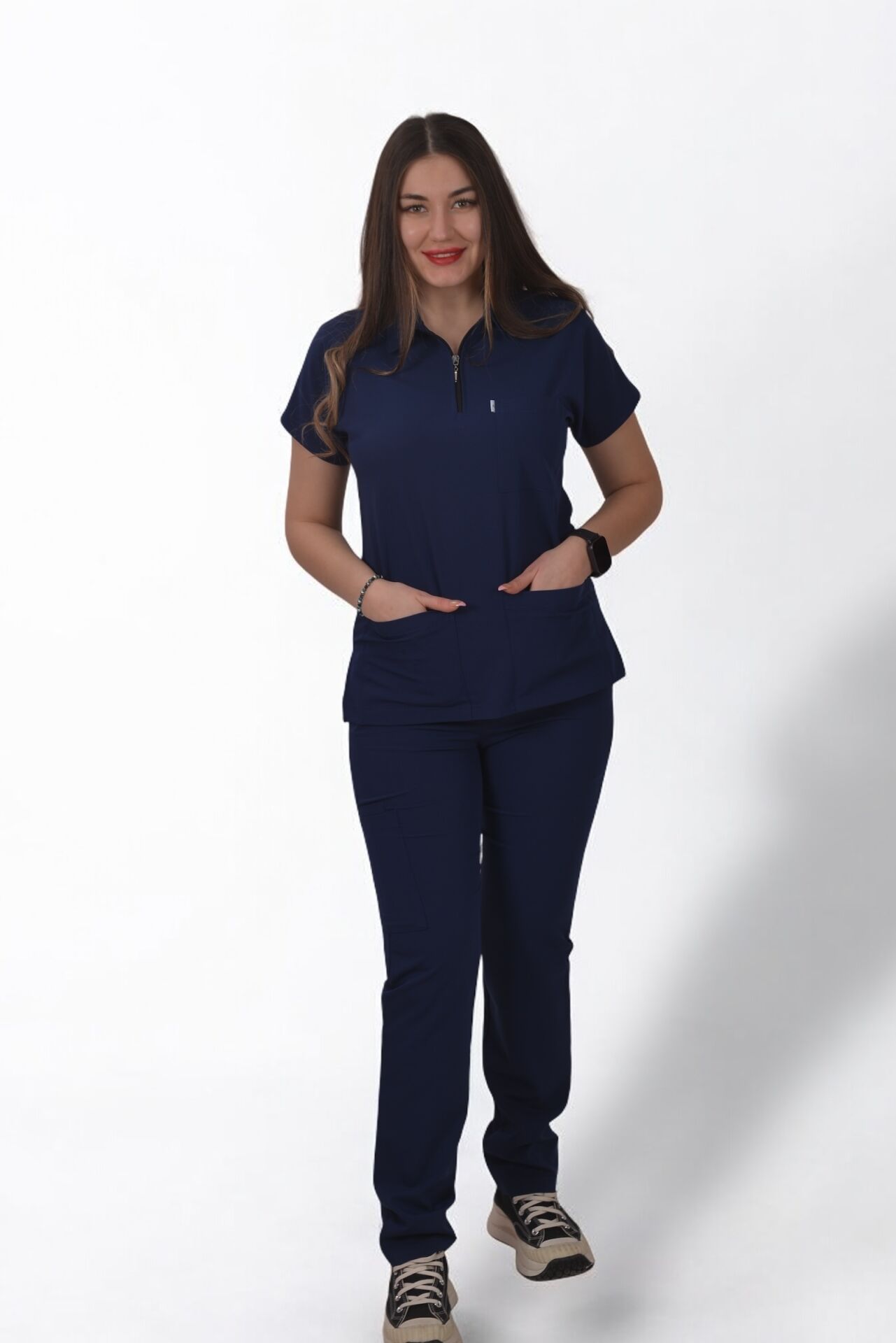 Premium Likralı Zipper Seri Kadın İndigo Lacivert Scrubs