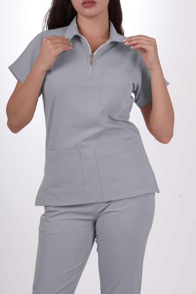 Premium Likralı Zipper Seri Kadın Açık Gri Scrubs