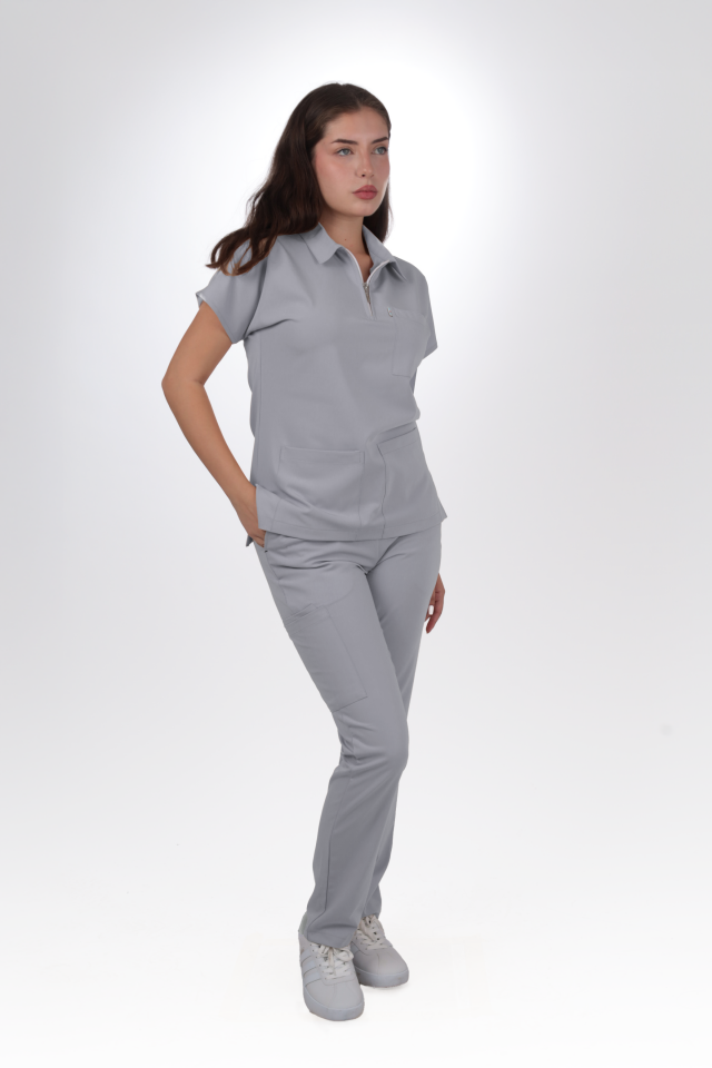 Premium Likralı Zipper Seri Kadın Açık Gri Scrubs