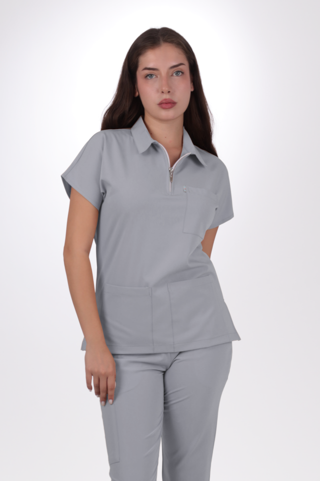 Premium Likralı Zipper Seri Kadın Açık Gri Scrubs