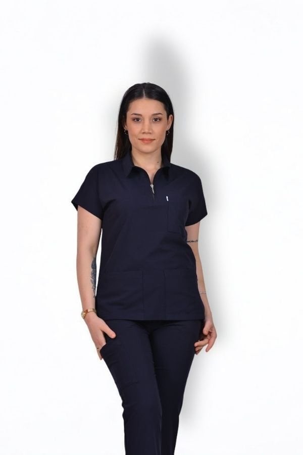 Premium Likralı Zipper Seri Kadın Lacivert Scrubs