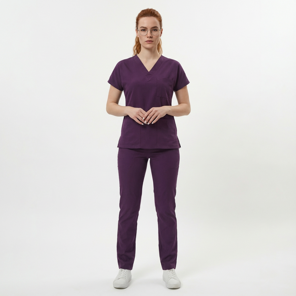 Likralı Klasik Seri Kadın Mürdüm Scrubs