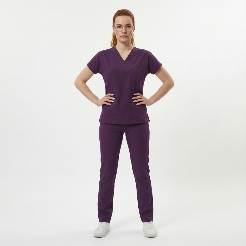 Likralı Klasik Seri Kadın Mürdüm Scrubs