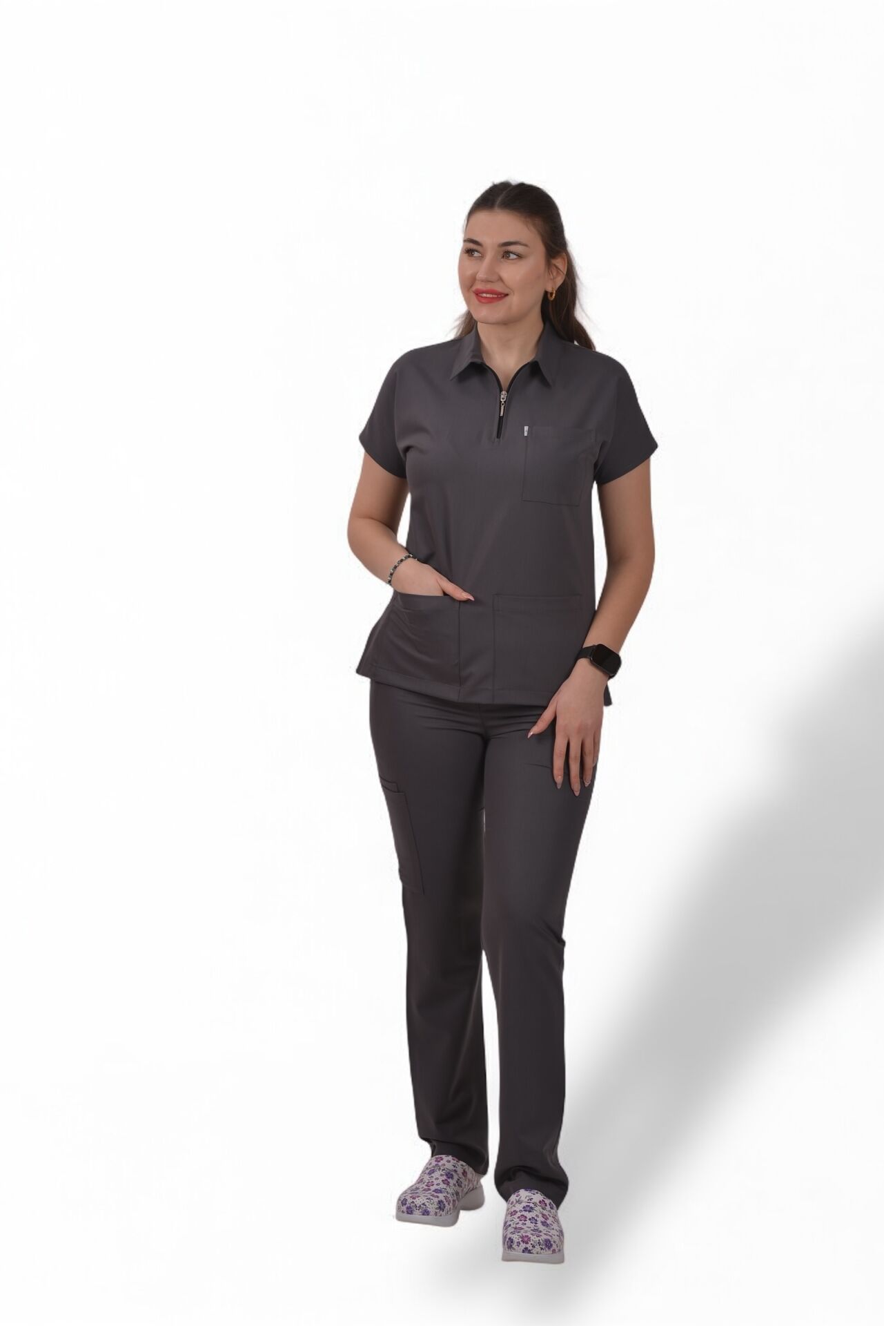 Premium Likralı Zipper Seri Kadın Antrasit Gri Scrubs