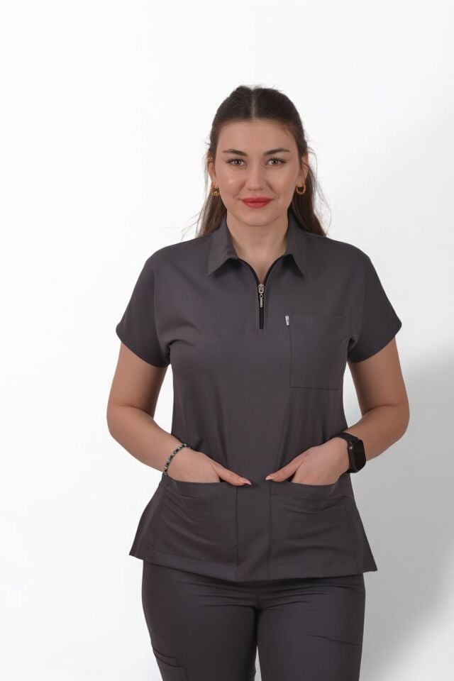 Premium Likralı Zipper Seri Kadın Antrasit Gri Scrubs