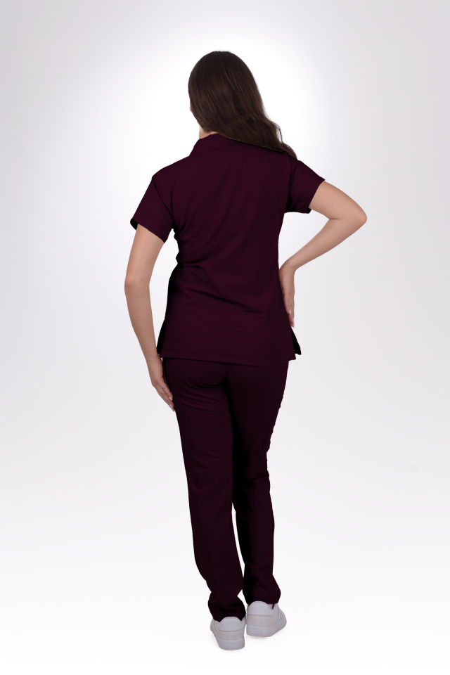 Likralı Zipper Seri Kadın Mürdüm Scrubs