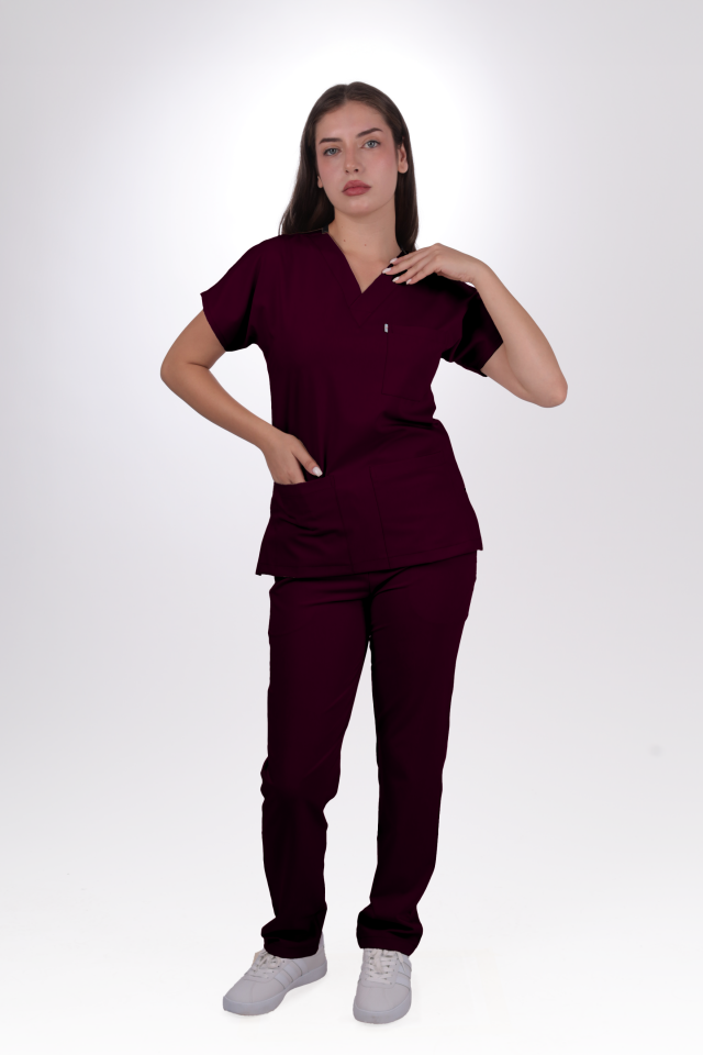 Likralı Klasik Seri Kadın Mürdüm Scrubs