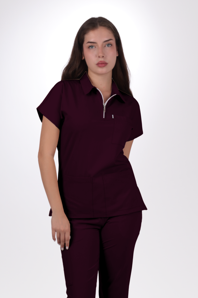 Likralı Zipper Seri Kadın Mürdüm Scrubs