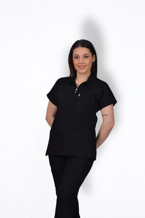 Premium Likralı Zipper Seri Kadın Siyah Scrubs