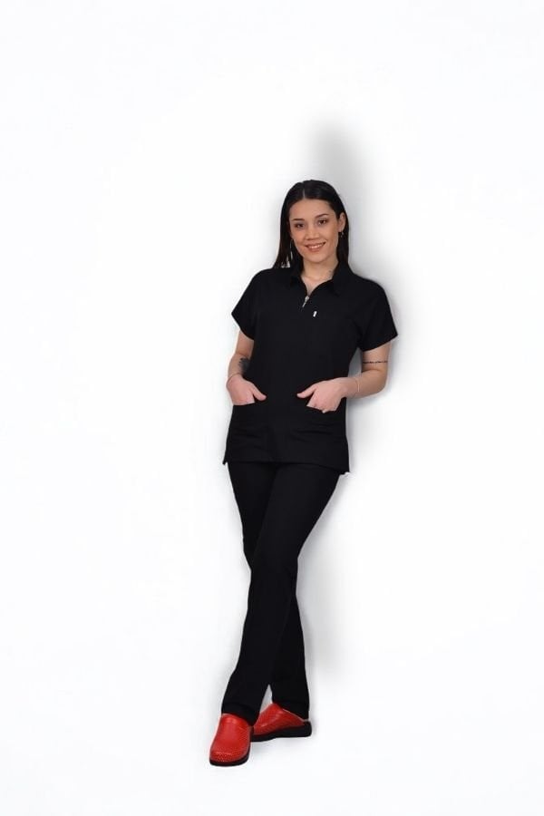 Premium Likralı Zipper Seri Kadın Siyah Scrubs