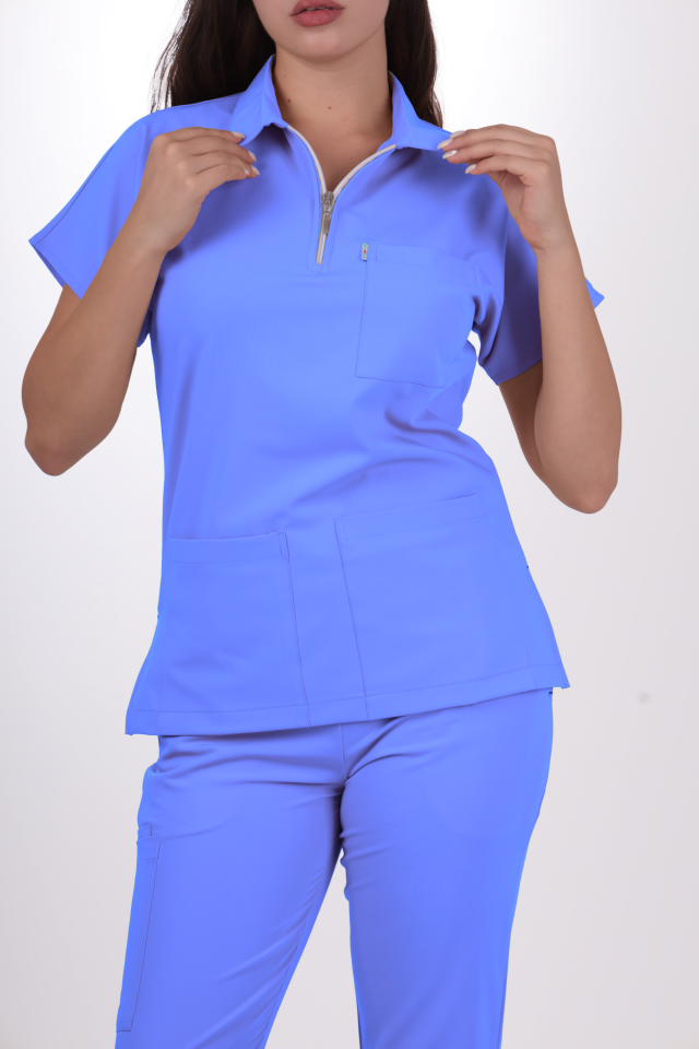 Premium Likralı Zipper Seri Kadın Açık Mavi Scrubs