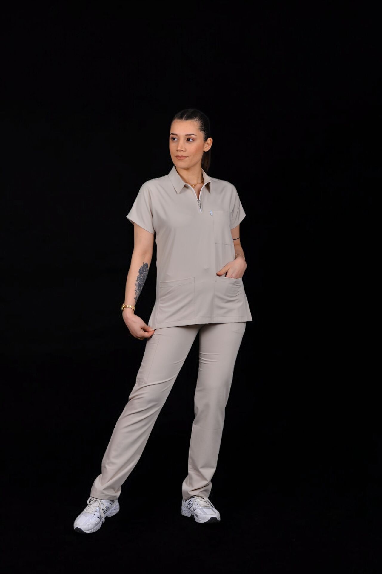 Premium Likralı Zipper Seri Kadın Bej Scrubs