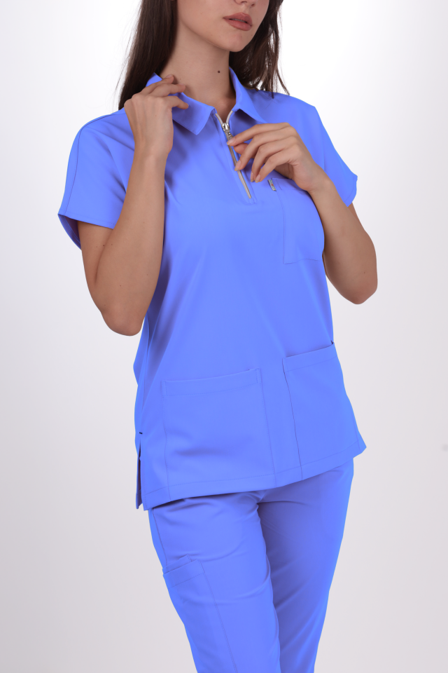Premium Likralı Zipper Seri Kadın Açık Mavi Scrubs