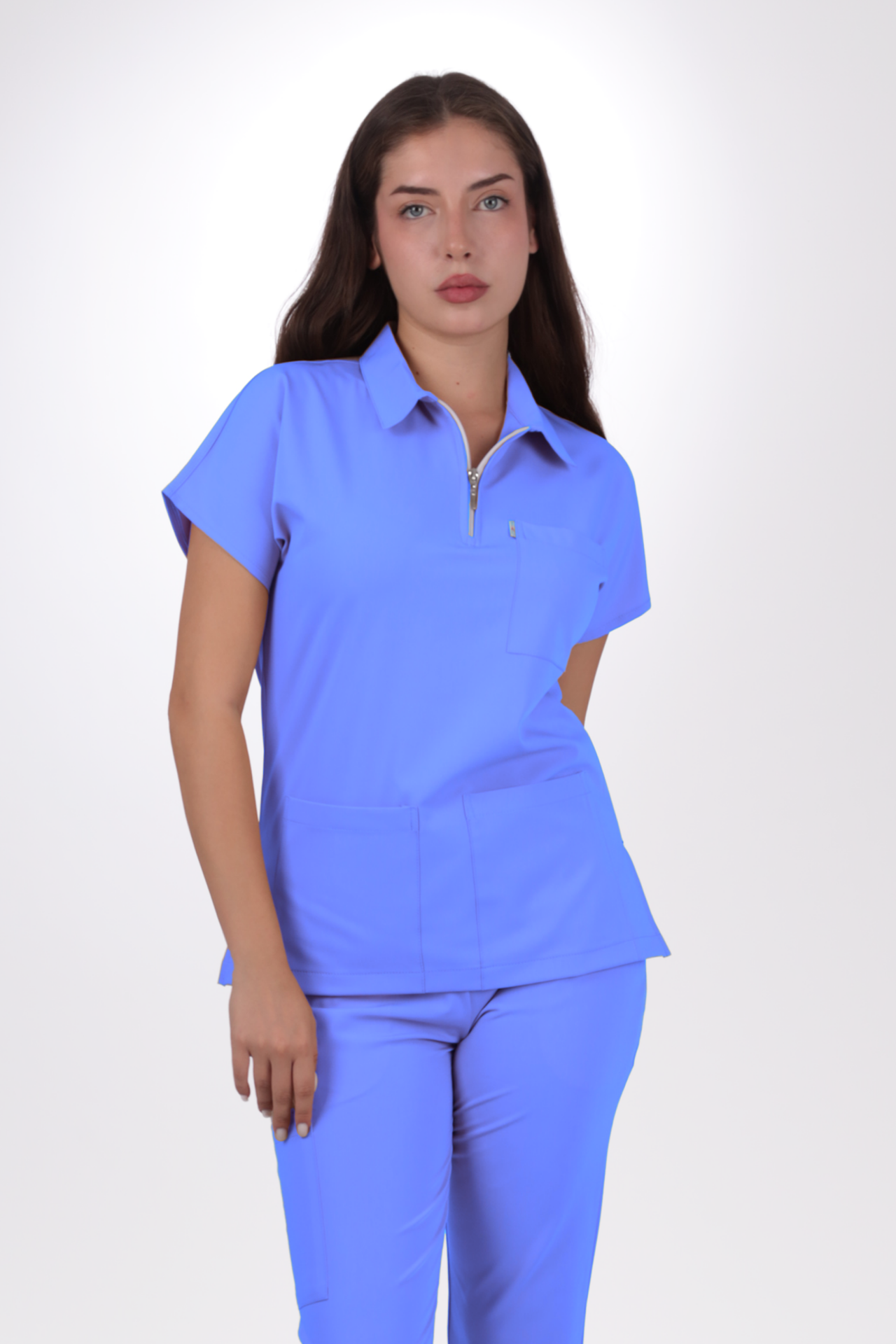 Premium Likralı Zipper Seri Kadın Açık Mavi Scrubs