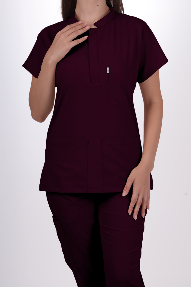 Premium Likralı Snap Seri Kadın Mürdüm Scrubs