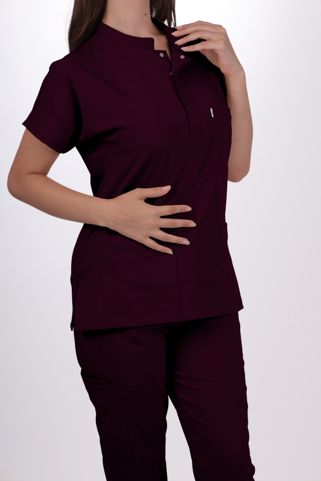 Premium Likralı Snap Seri Kadın Mürdüm Scrubs