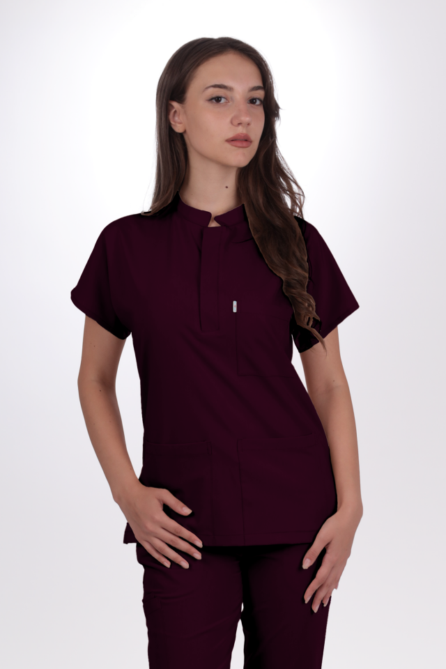 Premium Likralı Snap Seri Kadın Mürdüm Üniforma Takım