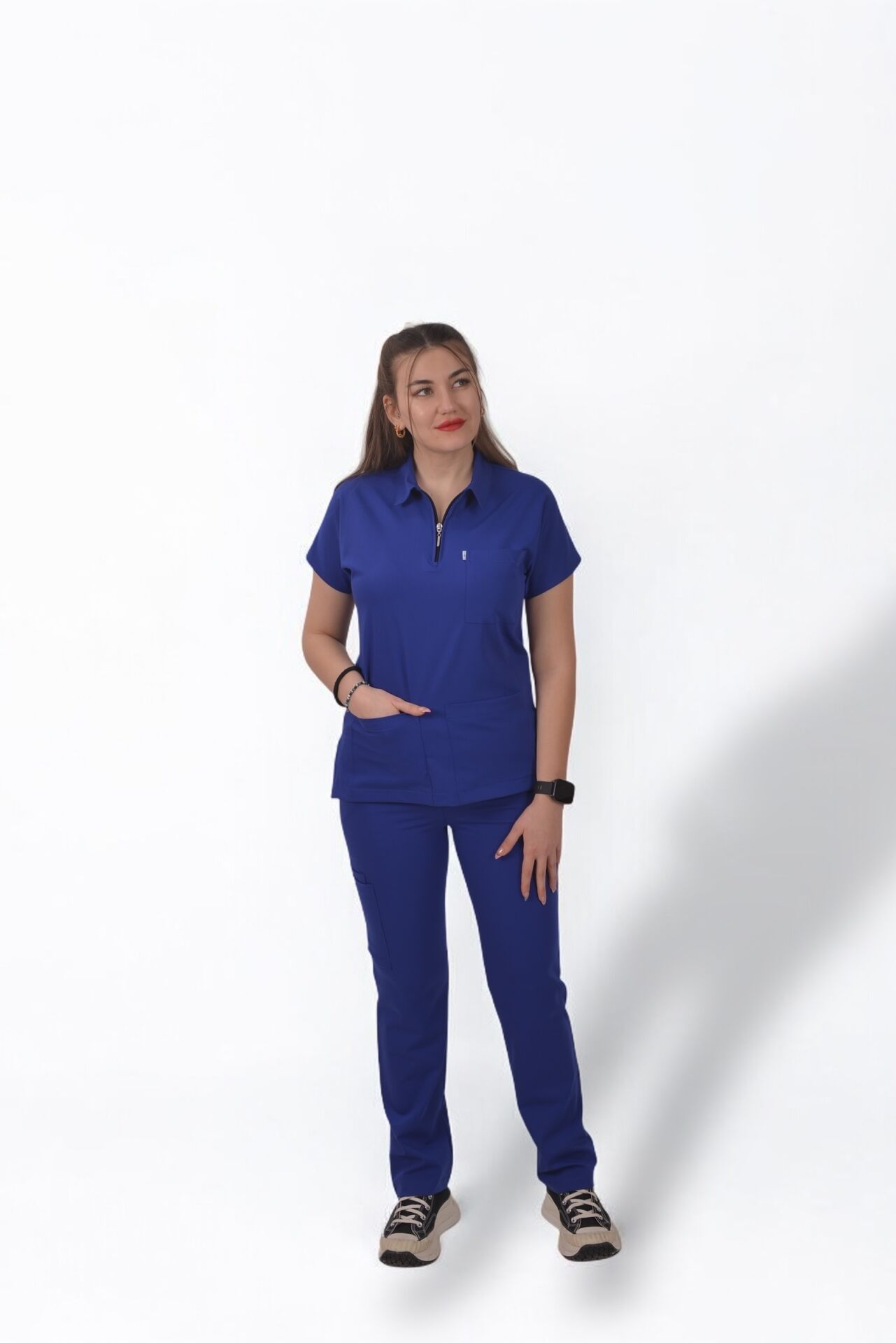Premium Likralı Zipper Seri Kadın Saks Mavisi Scrubs