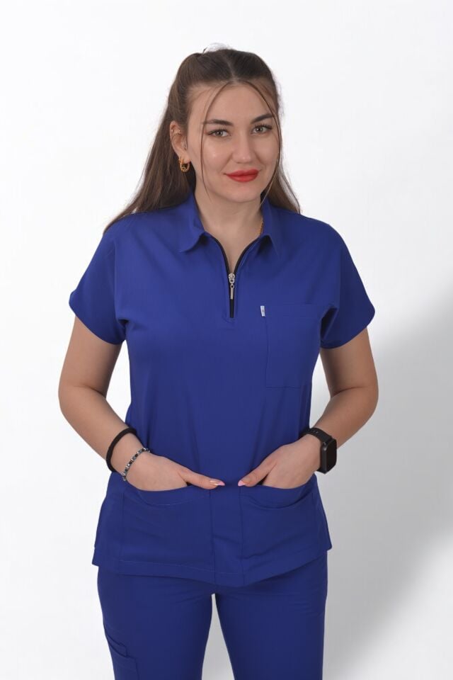 Premium Likralı Zipper Seri Kadın Saks Mavisi Scrubs