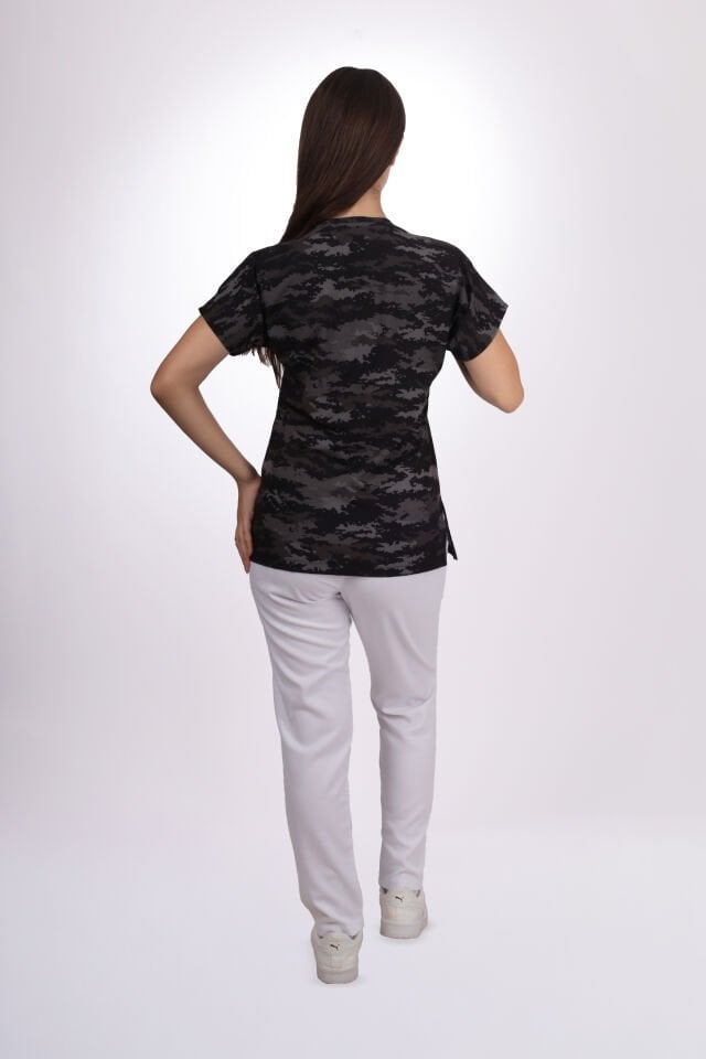 Desenli Seri Koyu Kamuflaj Desen Kadın Tek Üst