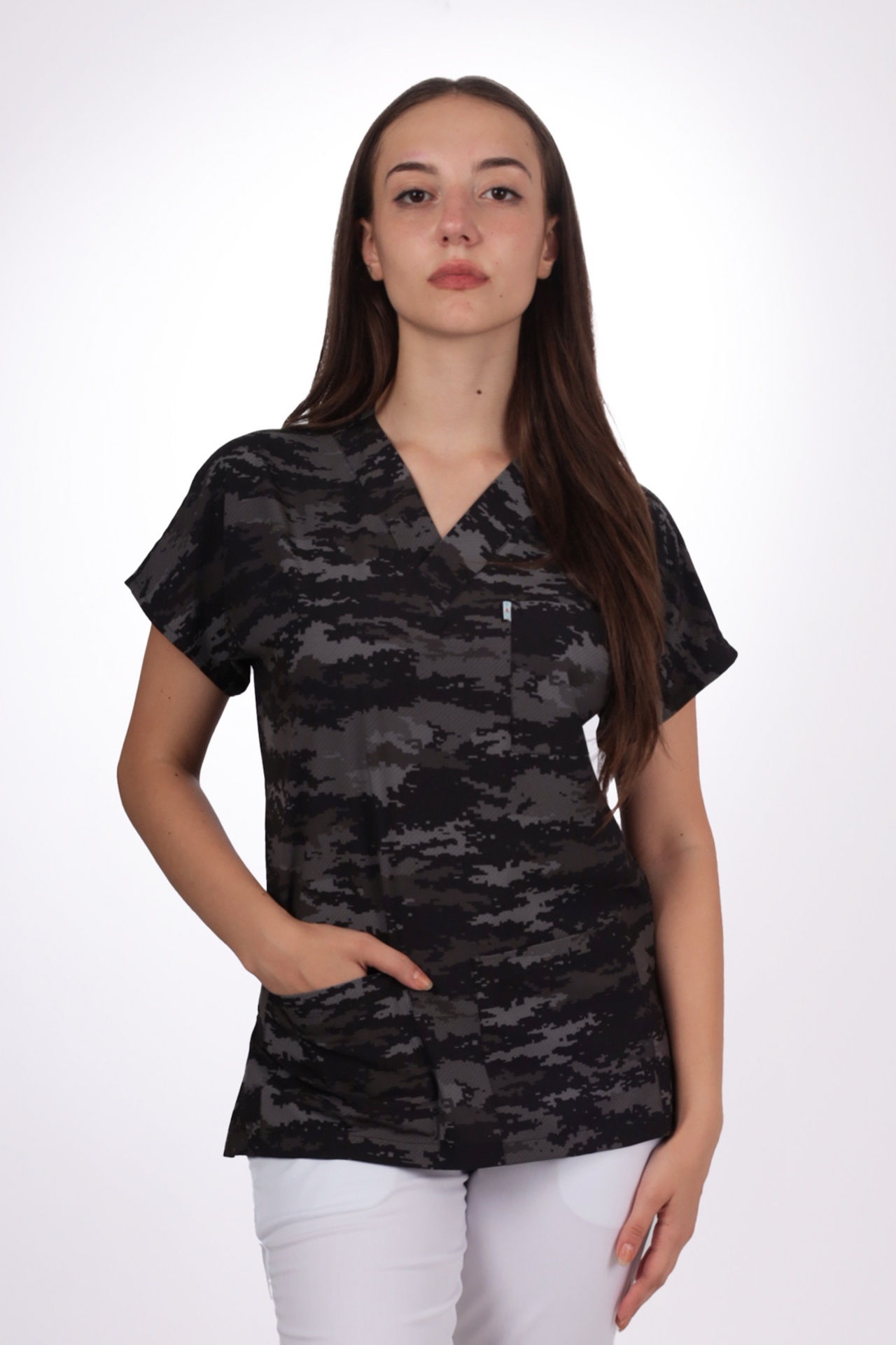 Desenli Seri Koyu Kamuflaj Desen Kadın Tek Üst