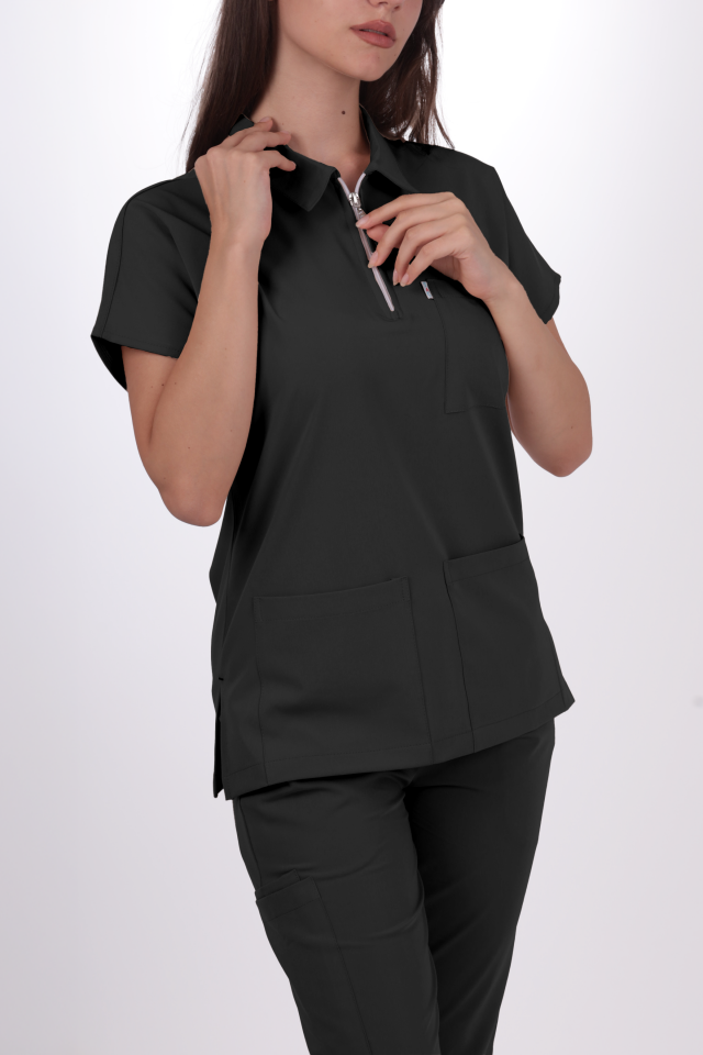 Premium Likralı Zipper Seri Kadın Antrasit Gri Scrubs