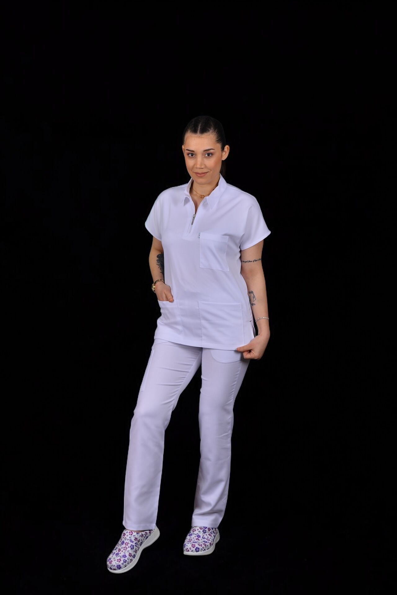 Premium Likralı Zipper Seri Kadın Beyaz  Scrubs