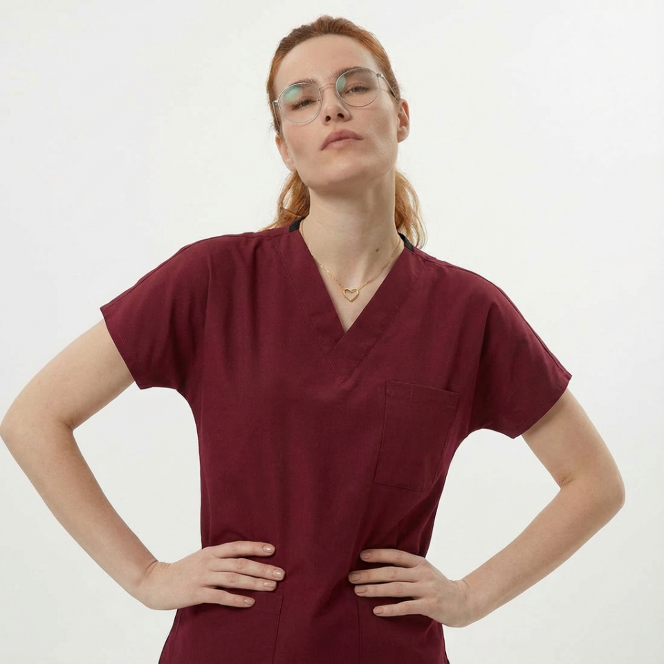 Likralı Klasik Seri Kadın Bordo Scrubs