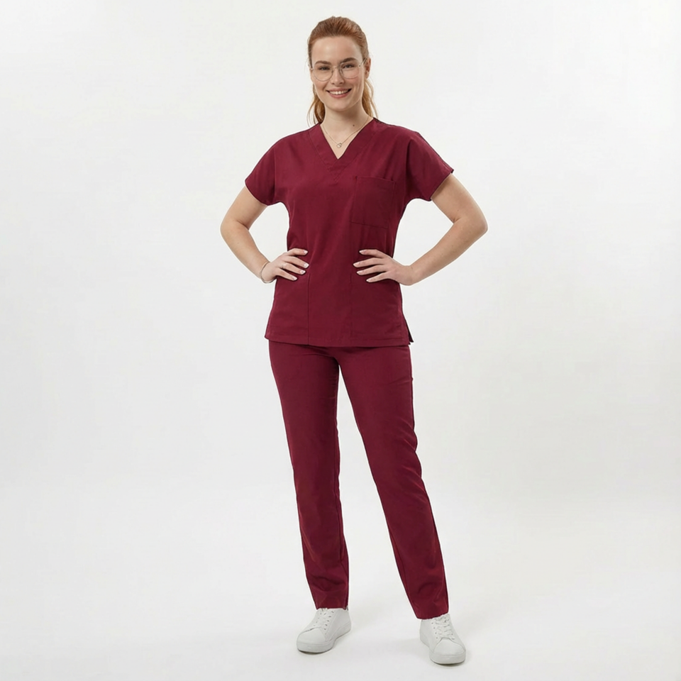 Likralı Klasik Seri Kadın Bordo Scrubs