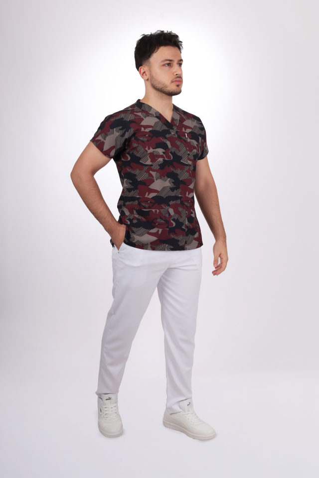 Desenli Bordo Kamuflaj Desen Tek Üst