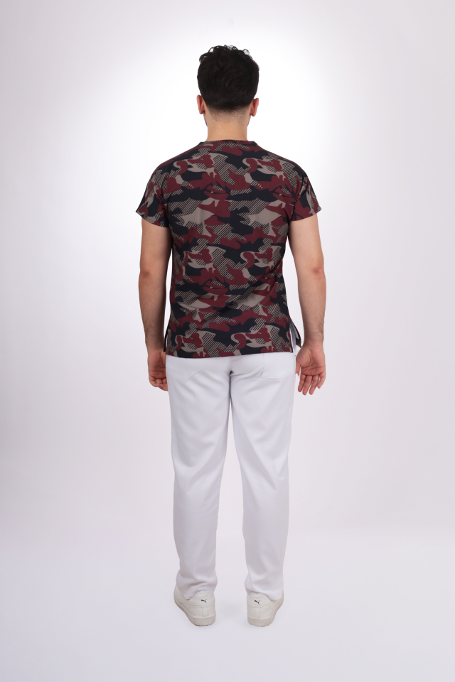 Desenli Bordo Kamuflaj Desen Tek Üst