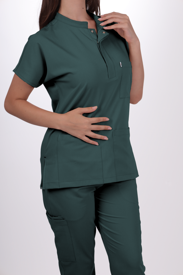 Premium Likralı Snap Seri Kadın Petrol Yeşili Üniforma Takım