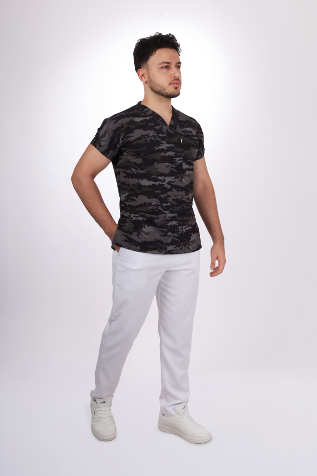 Desenli Seri Gri Kamuflaj Desen Tek Üst