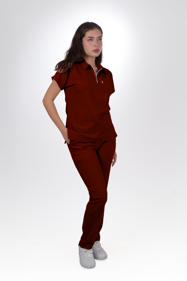 Likralı Zipper Seri Kadın Bordo Scrubs