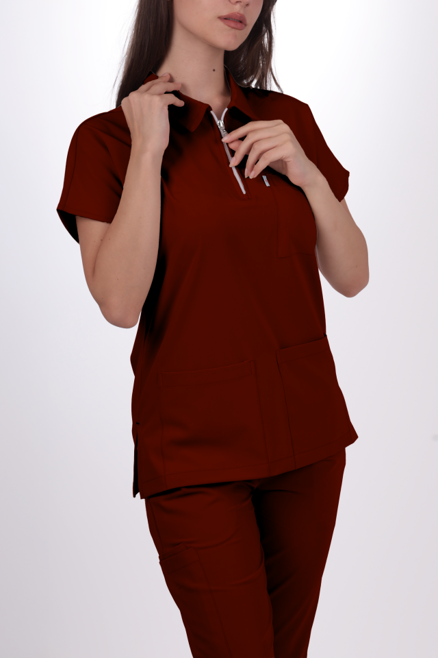Likralı Zipper Seri Kadın Bordo Scrubs