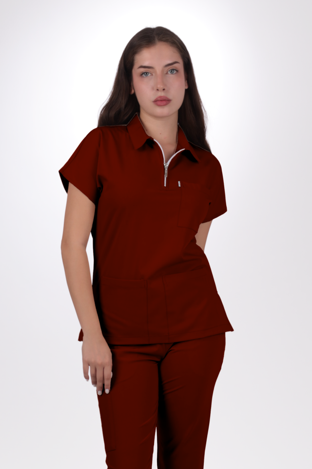 Likralı Zipper Seri Kadın Bordo Scrubs