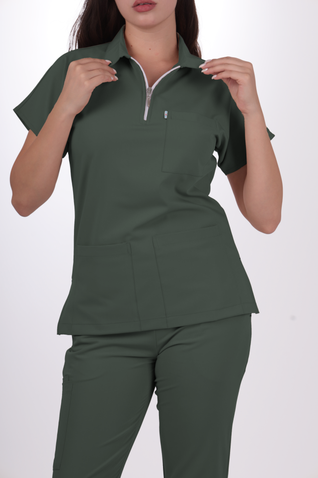 Premium Likralı Zipper Seri Kadın Avcı Yeşili Scrubs